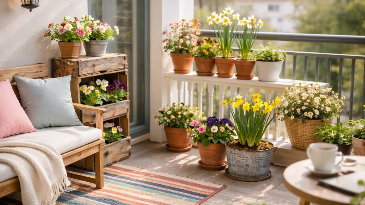 Gemütlicher Frühlingsbalkon mit Korbsessel, Narzissen und bunten Blumentöpfen im warmen Sonnenlicht