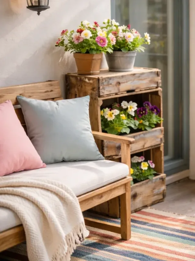 Gemütlicher Frühlingsbalkon mit Korbsessel, Narzissen und bunten Blumentöpfen im warmen Sonnenlicht