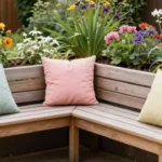 Holzbank mit bunten Kissen am Hochbeet, umgeben von Frühlingsblumen in kräftigen Farben