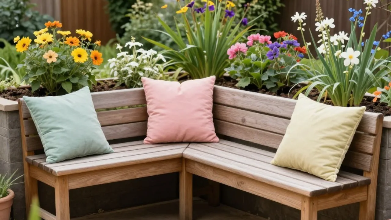 Holzbank mit bunten Kissen am Hochbeet, umgeben von Frühlingsblumen in kräftigen Farben
