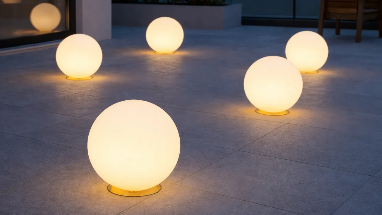 Leuchtkugeln als stimmungsvolle Deko für die Terrasse im März bei Abendlicht