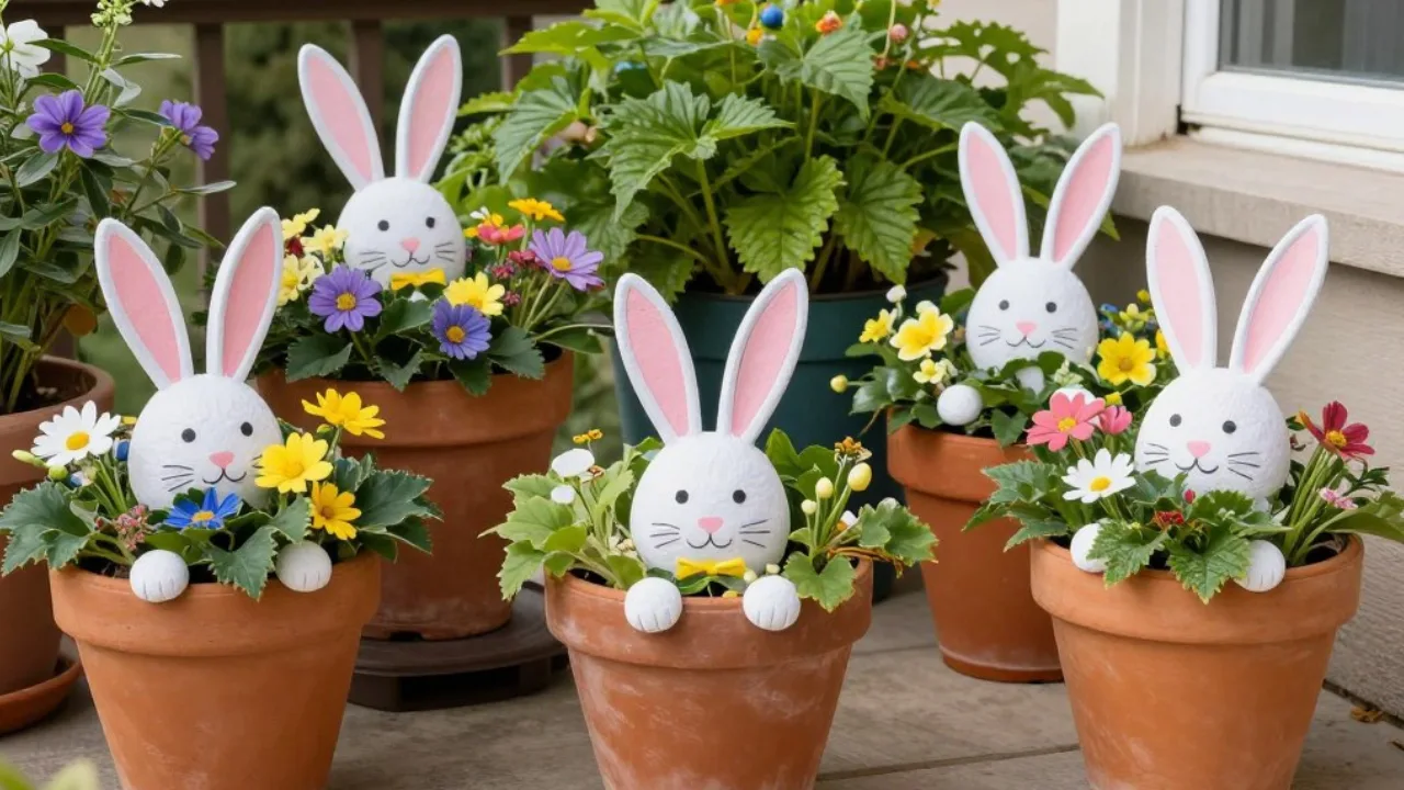 Osterdeko auf der Terrasse mit Blumentöpfen, Hasenfiguren und bunten Frühlingsblumen
