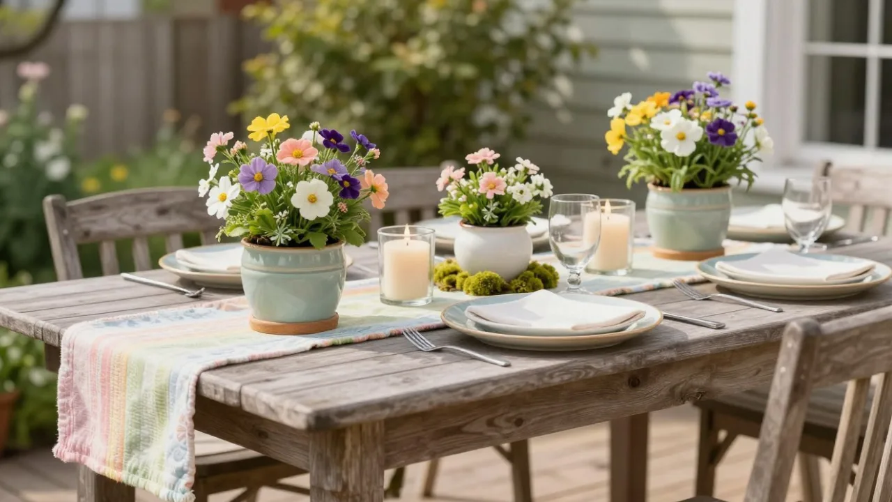 Gelungene Frühlingsdeko verbindet Natur und Funktionalität auf dem Terrassentisch