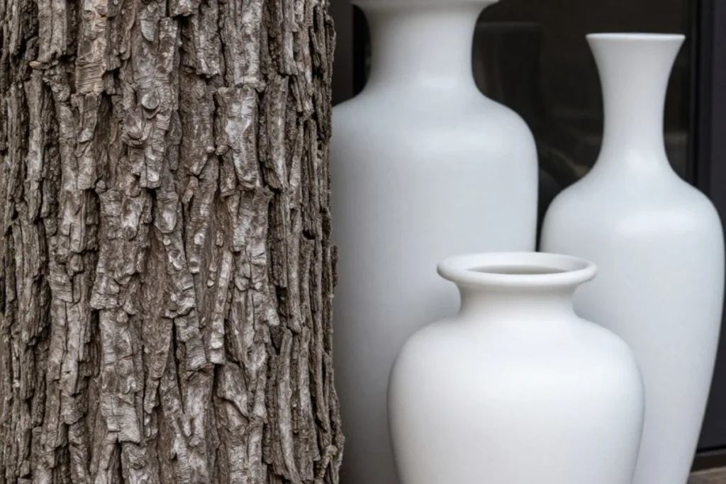 Hauseingang im Februar: Warum Struktur jetzt wichtiger ist als Farbe Hauseingang im Februar dekorieren mit weißen Vasen und Naturmaterialien neben Baumstamm vor der Haustür