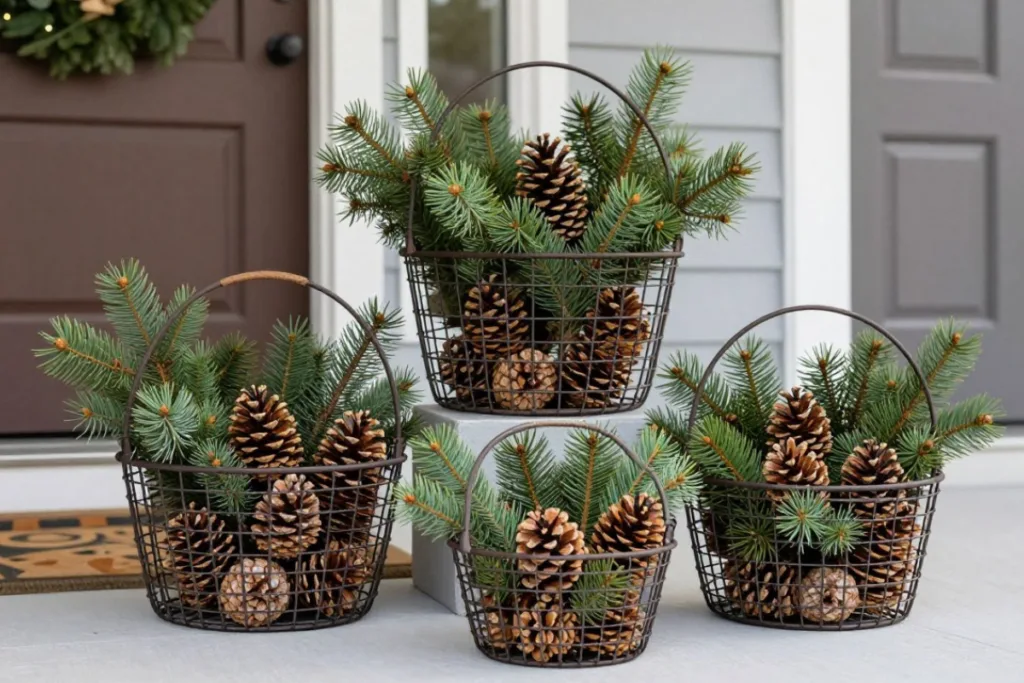 Hauseingang im Februar: Warum Struktur jetzt wichtiger ist als Farbe Hauseingang im Februar dekorieren mit Tannenzweigen und Zapfen in Metallkörben vor der Haustür