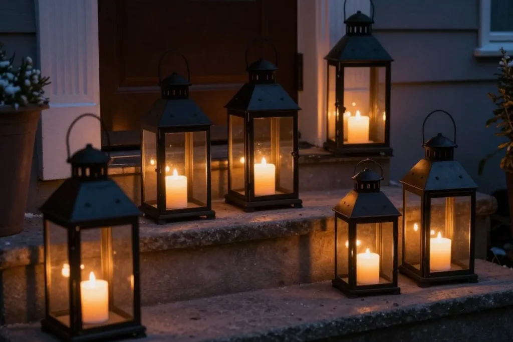 Hauseingang im Februar: Warum Struktur jetzt wichtiger ist als Farbe Hauseingang im Februar dekorieren mit schwarzen Laternen und Kerzen auf Treppenstufen vor der Haustür