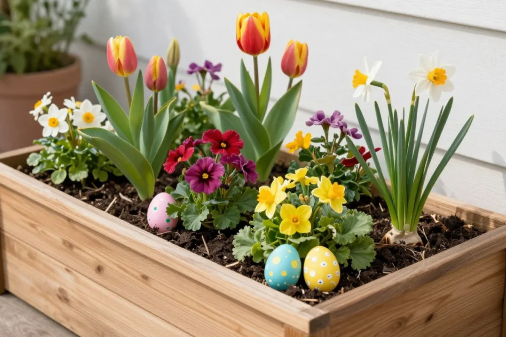 Osterdeko im kleinen Garten: So nutzt du jeden Quadratmeter Osterdeko im kleinen Garten mit Tulpen, Narzissen und bunten Eiern im Holz-Hochbeet