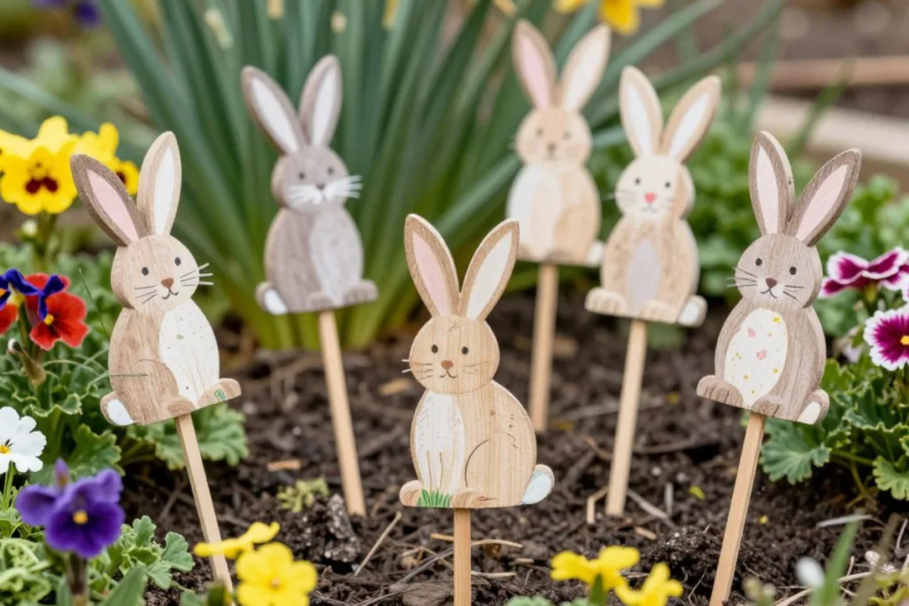 Osterdeko im kleinen Garten: So nutzt du jeden Quadratmeter Osterdeko im kleinen Garten mit Holzhasen-Steckern im Blumenbeet zwischen Frühblühern