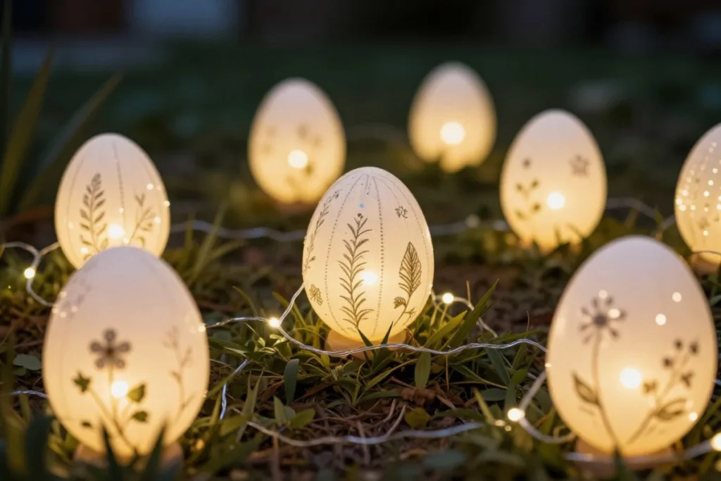Osterdeko im kleinen Garten: So nutzt du jeden Quadratmeter Osterdeko im kleinen Garten mit beleuchteten Eiern und Lichterkette im Gras bei Dämmerung