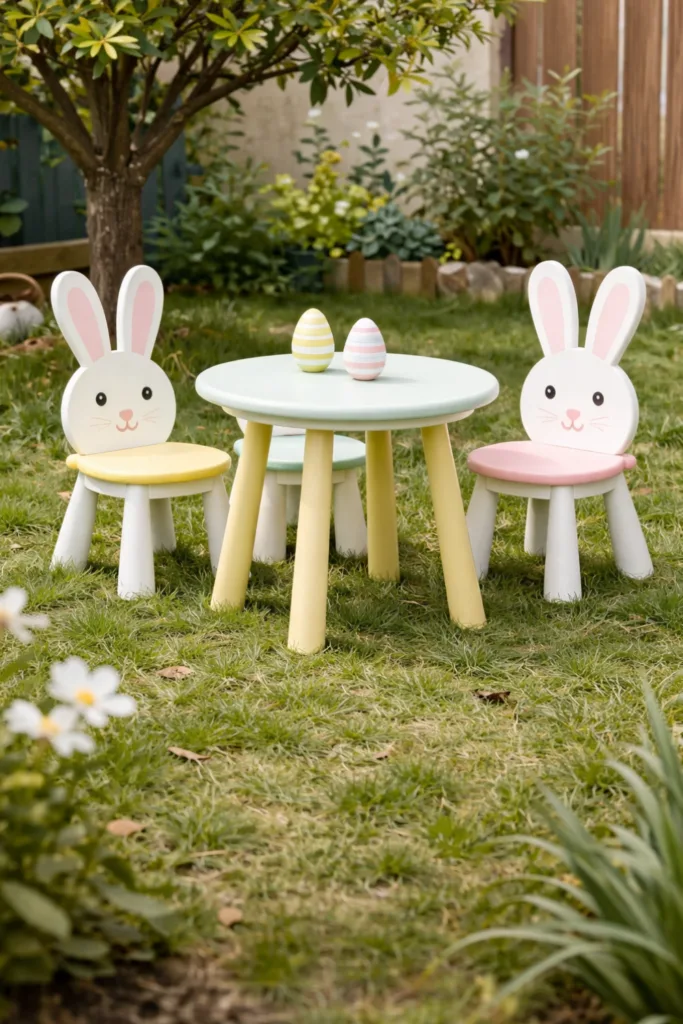 Osterhasen-Kindermöbel im Garten, Osterdeko im Frühling mit Tisch, Stühlen und Ostereiern