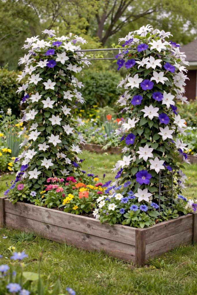 Frühlingsdeko fürs Hochbeet – 6 kreative Ideen für deinen Garten Clematis und bunte Frühlingsblumen als dekorative Frühlingsdeko im Hochbeet