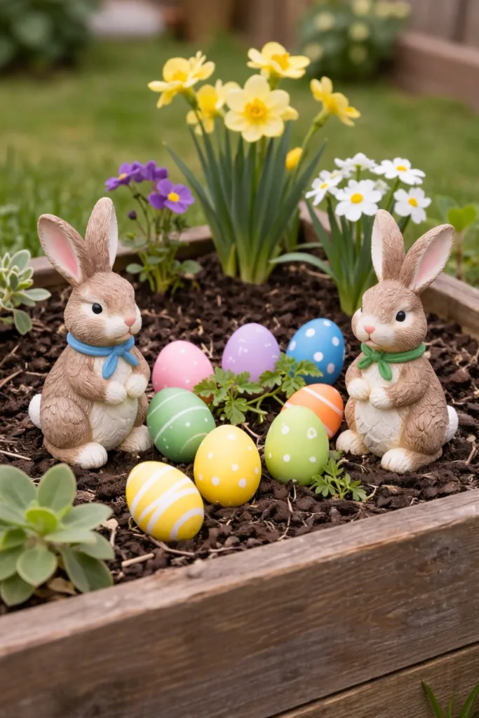 Frühlingsdeko fürs Hochbeet – 6 kreative Ideen für deinen Garten Osterdeko im Hochbeet mit Hasenfiguren, bunten Eiern und Narzissen im Frühling