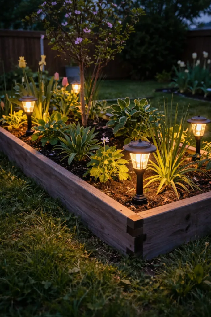 Frühlingsdeko fürs Hochbeet – 6 kreative Ideen für deinen Garten Beleuchtetes Hochbeet mit Solarleuchten und Frühlingspflanzen bei Abenddämmerung
