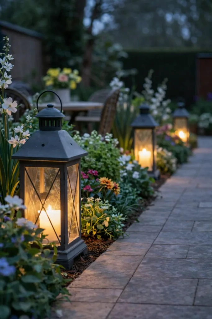 Frühlingsdeko für den Garten - 7 wunderschöne Ideen für draußen Leuchtende Laternen und bunte Frühlingsblumen schmücken den Gartenweg am Abend