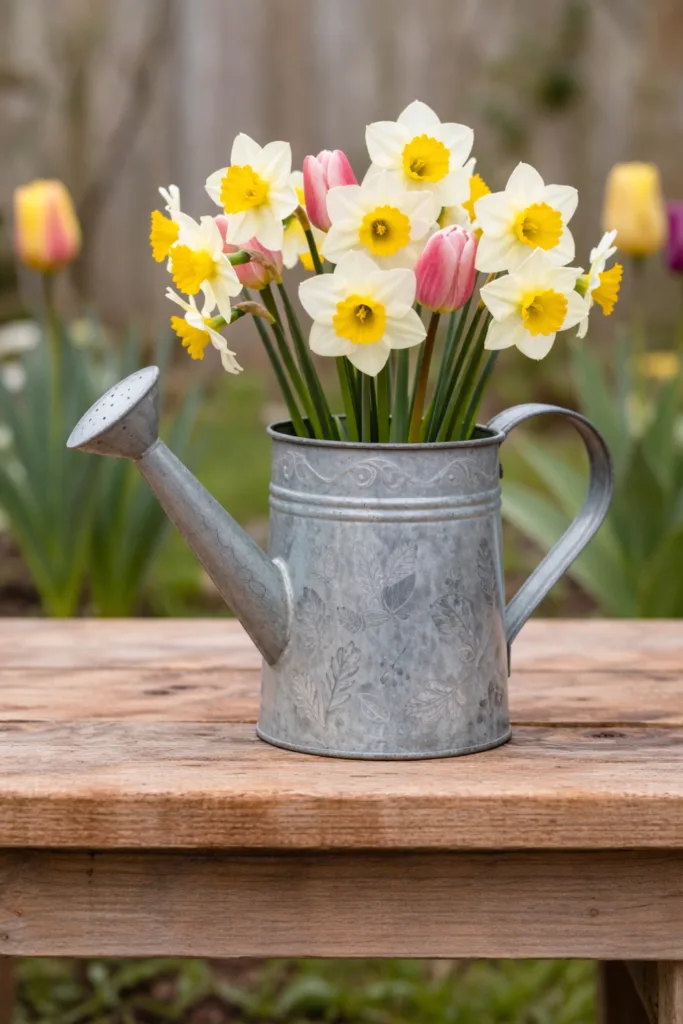 Frühlingsdeko für den Garten - 7 wunderschöne Ideen für draußen Gießkanne mit Narzissen und Tulpen als kreative Frühlingsdeko im Garten