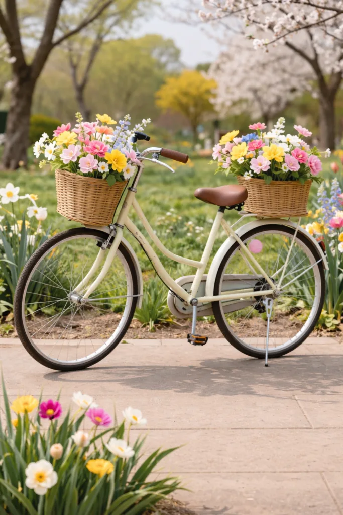 Frühlingsdeko für den Garten - 7 wunderschöne Ideen für draußen Vintage-Fahrrad mit bunten Frühlingsblumen als kreative Gartendeko im Frühling