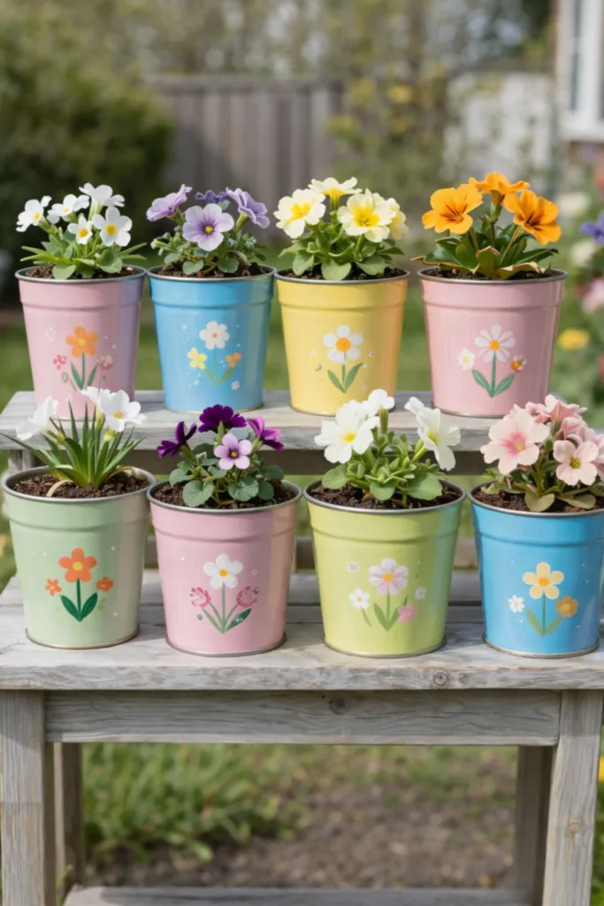 Frühlingsdeko für den Garten - 7 wunderschöne Ideen für draußen Bunte Blumentöpfe mit Frühlingsblumen als farbenfrohe Deko im Garten