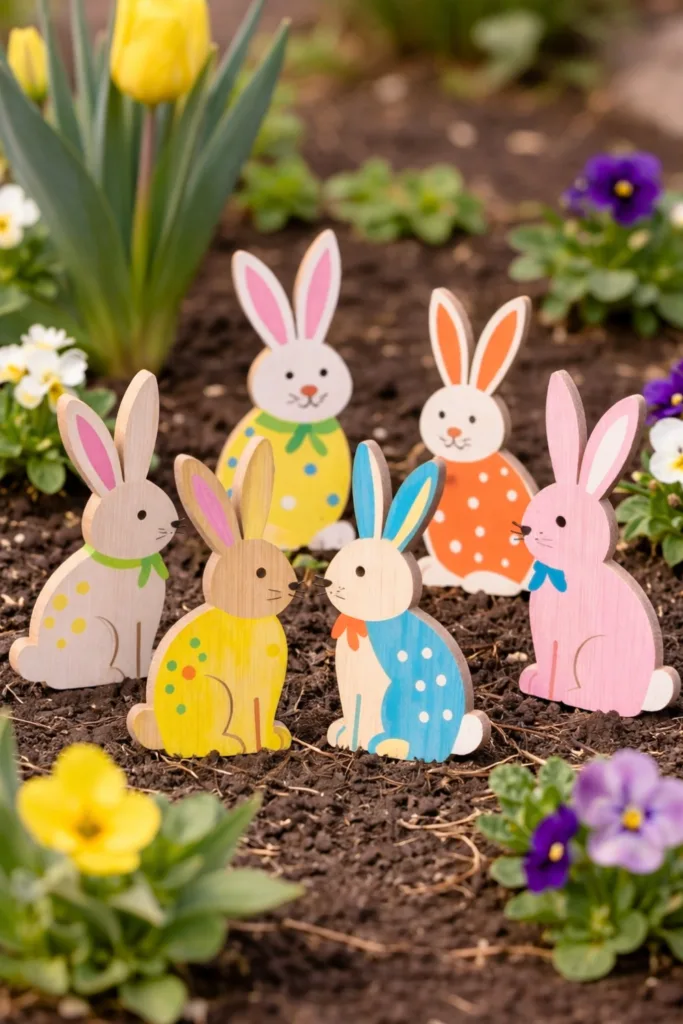 Bunte Holzhasen im Gartenbeet – kreative Osterdeko basteln mit Kindern