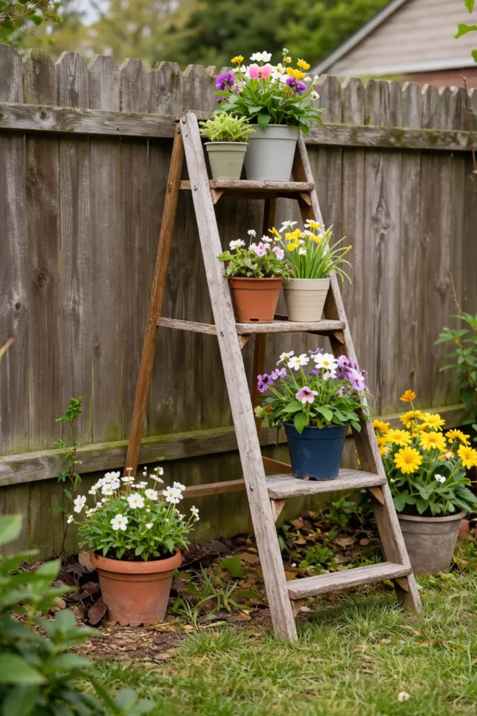 Frühlingsdeko für den Garten - 7 wunderschöne Ideen für draußen Holzleiter mit bunten Blumentöpfen als kreative Frühlingsdeko im Garten
