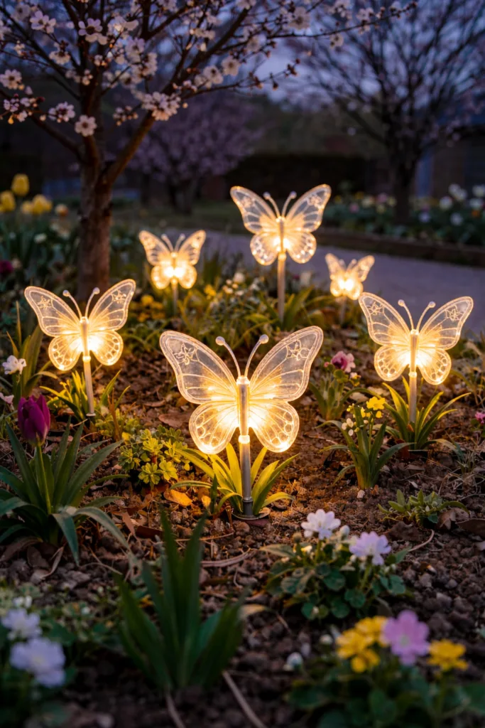 Frühlingsdeko für den Garten - 7 wunderschöne Ideen für draußen Solar-Schmetterlinge leuchten im Garten zwischen Frühlingsblumen und sorgen für stimmungsvolle Deko
