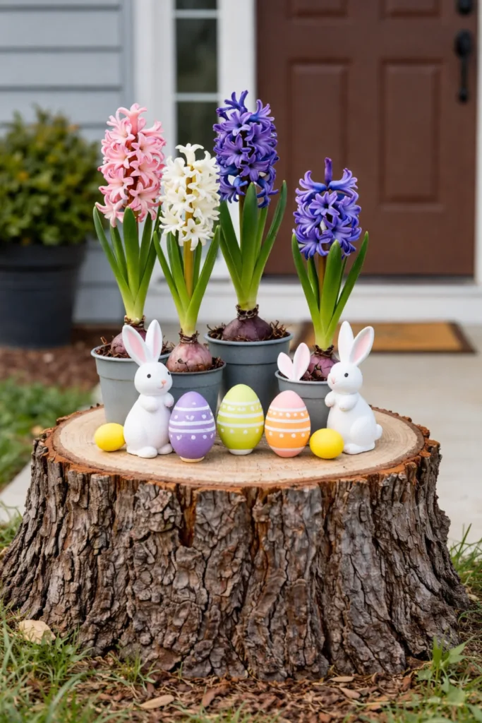 Hyazinthen und Osterhasen auf Baumstumpf – bunte Osterdeko für die Haustür