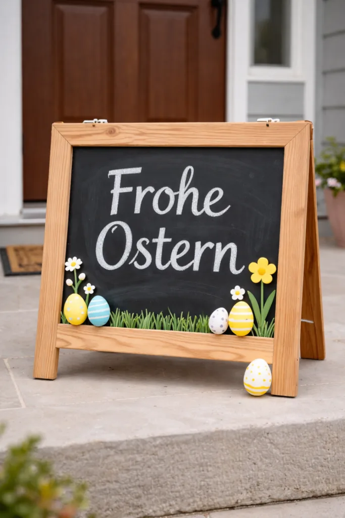 Osterdeko Haustür mit Tafel „Frohe Ostern“ und bunten Eiern auf dem Eingangsbereich