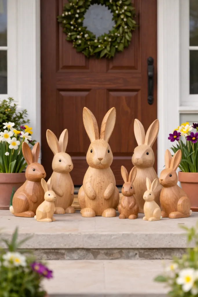 Holzhasen vor Haustür mit Frühlingsblumen als Osterdeko im Eingangsbereich