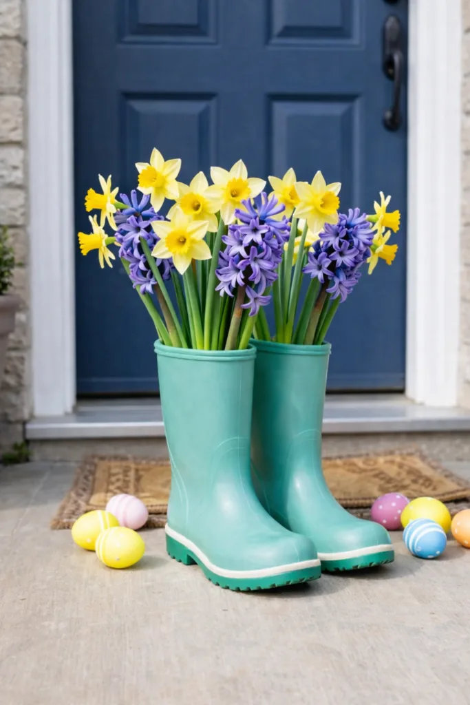 Osterdeko Haustür mit gelben Narzissen und lila Hyazinthen in grünen Gummistiefeln