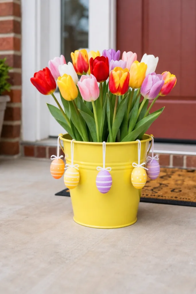 Gelber Eimer mit bunten Tulpen und Ostereiern als Osterdeko vor der Haustür