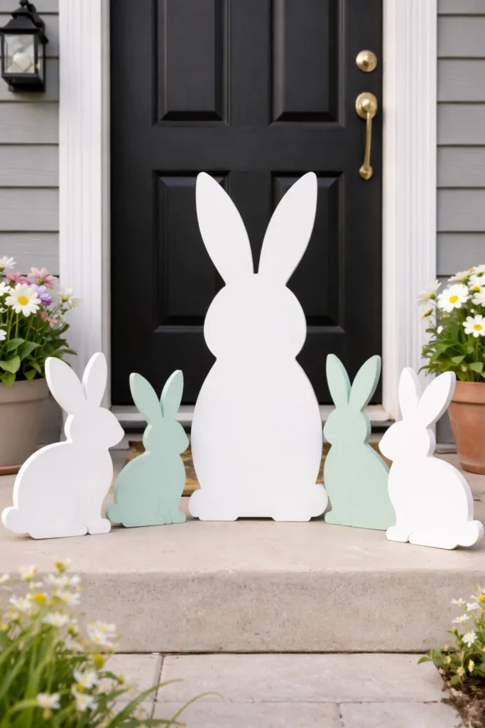 Minimalistische Osterdeko für die Haustür mit weißen und mintfarbenen Holzhasen