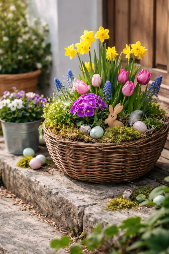 Osterdeko im Außenbereich mit Narzissen, Tulpen, Moos und Holzhasen im Weidenkorb