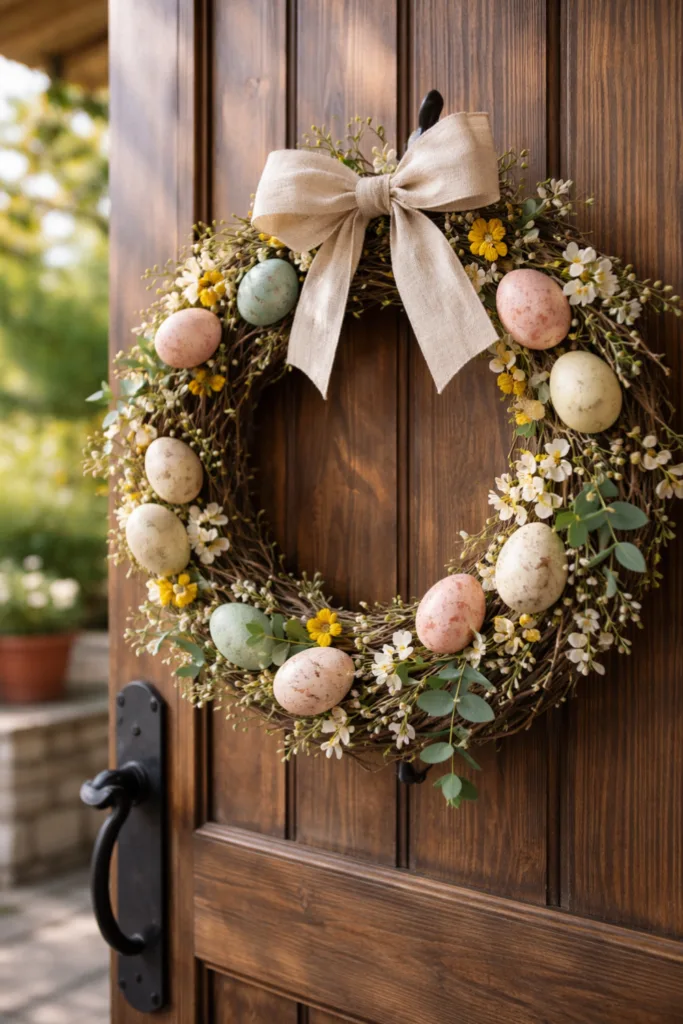 Osterkranz aus Zweigen mit Blumen und bunten Eiern für den Außenbereich