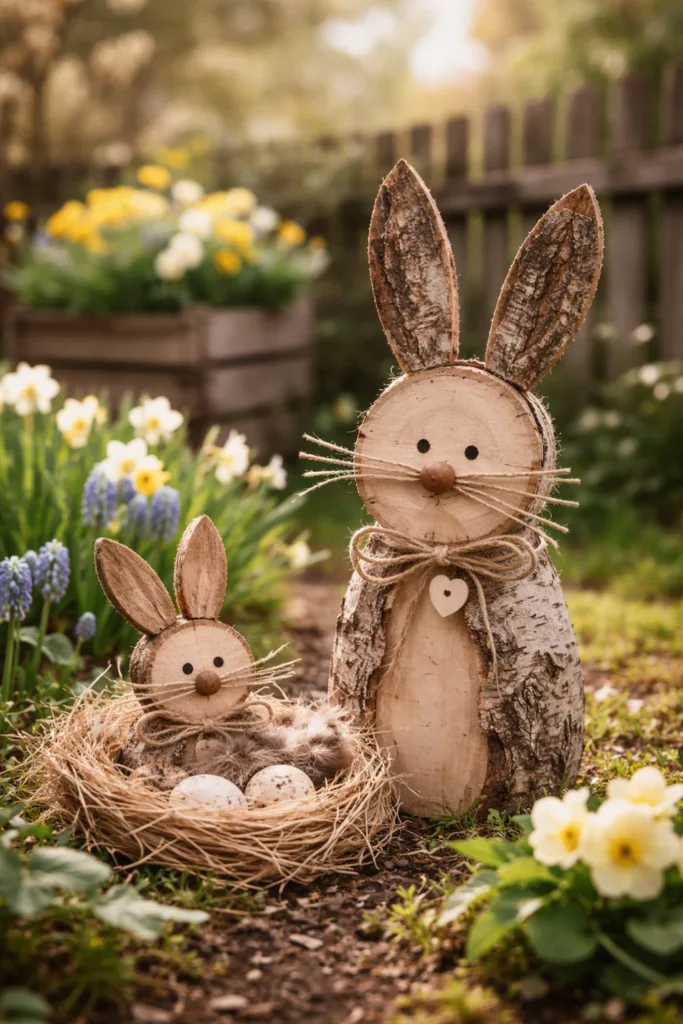 Zwei Holz-Osterhasen im Garten als natürliche Osterdeko für den Außenbereich