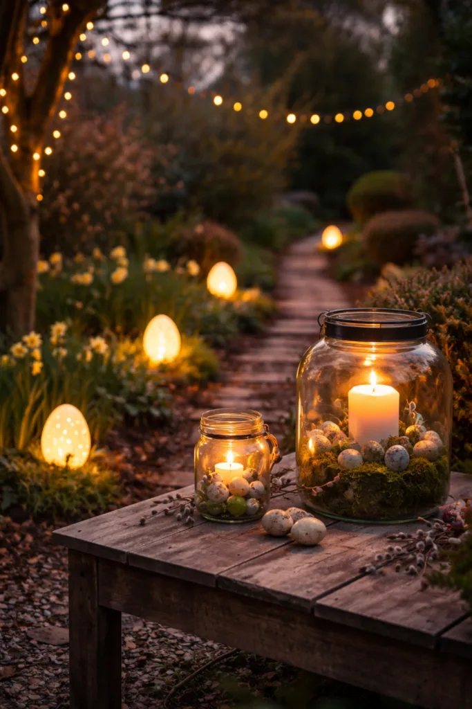 Osterdeko im Garten mit Laternen, Kerzen und leuchtenden Eiern bei Dämmerung