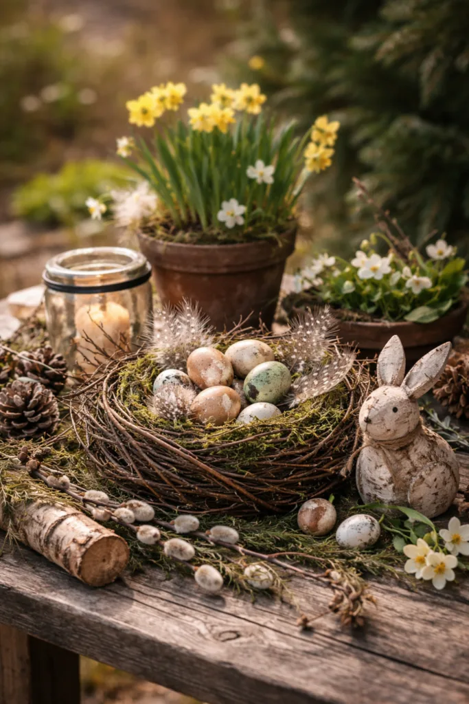 Osterdeko im Garten mit Moos, Zweigen, Eiern und Holzhasen