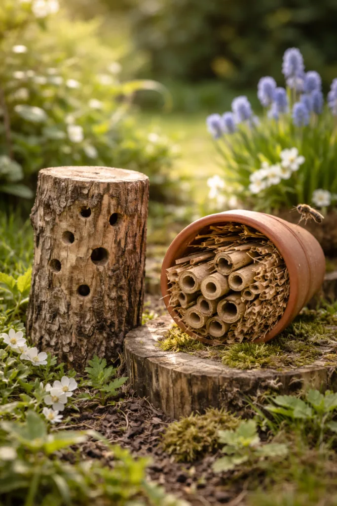 Nachhaltige Osterdeko im Garten mit Frühblühern, Holzhasen und Insektenhotel