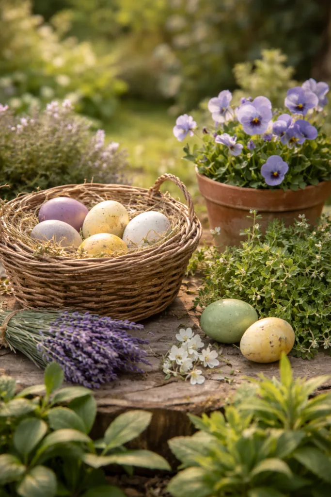 Osterdeko im Garten mit Lavendel, Veilchen und Kräutern für Insektenfreundlichkeit