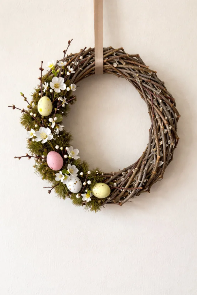 Osterkranz aus Naturzweigen mit Frühlingsblumen und bunten Eiern als Türdeko