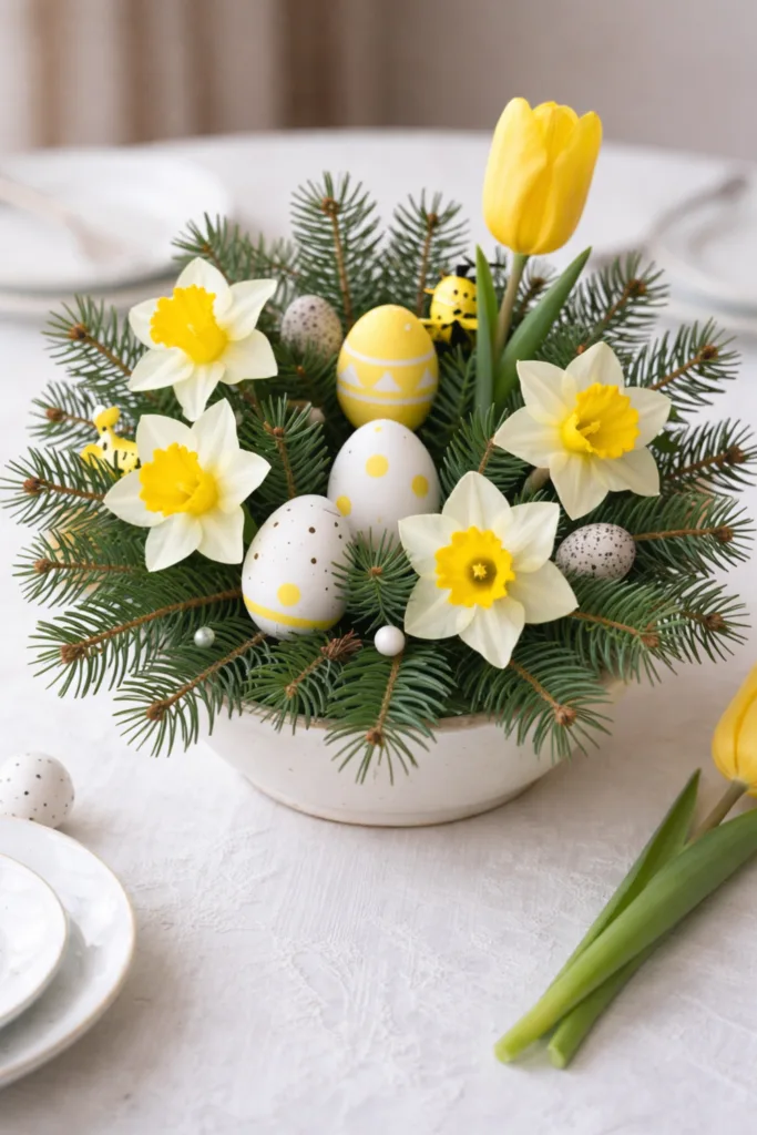 Osterdeko mit Narzissen, Tulpe und Ostereiern in Schale mit Tannenzweigen als Frühlings Tischdeko