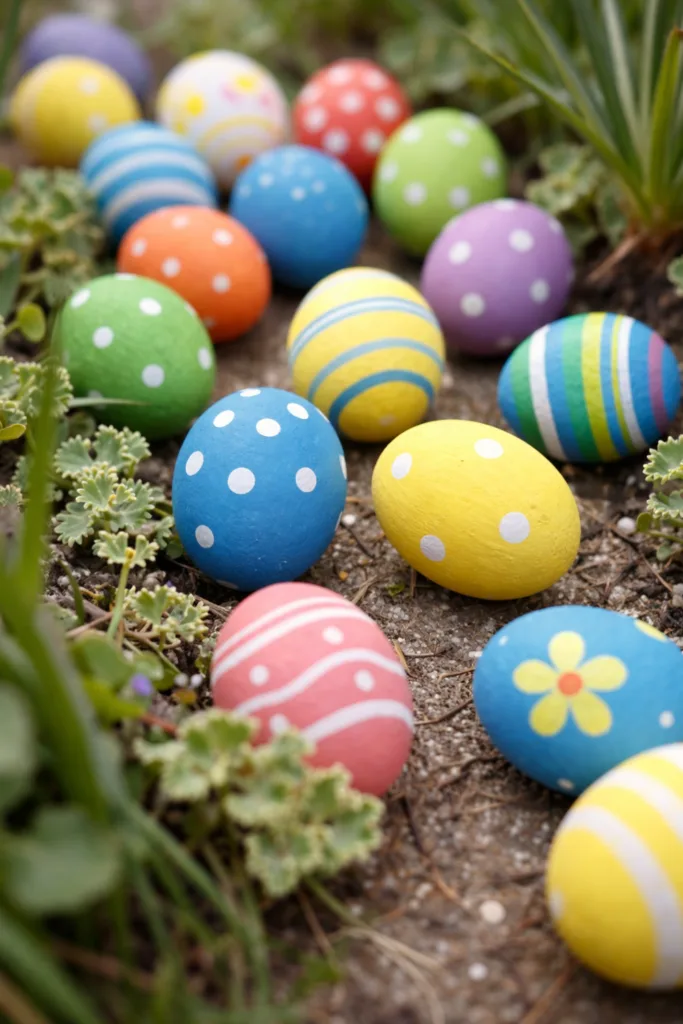 Bunt bemalte Ostereier liegen im Garten zwischen Pflanzen und Frühlingsblumen.