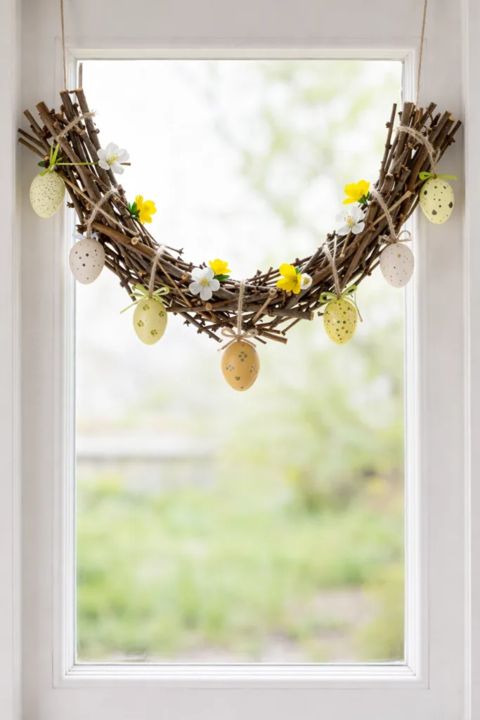 Rustikaler Osterkranz aus Zweigen mit bunten Ostereiern und Frühlingsblumen im Fenster aufgehängt