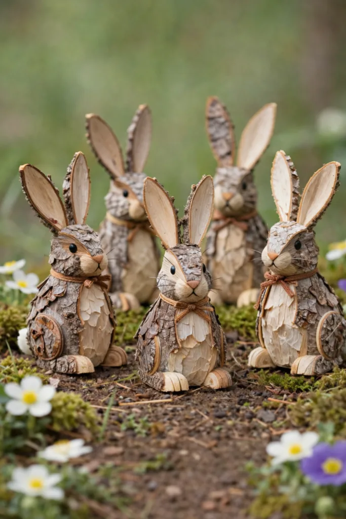 Holz-Osterhasen aus Rinde als Frühlingsdeko im Garten zwischen Blumen und Moos dekoriert
