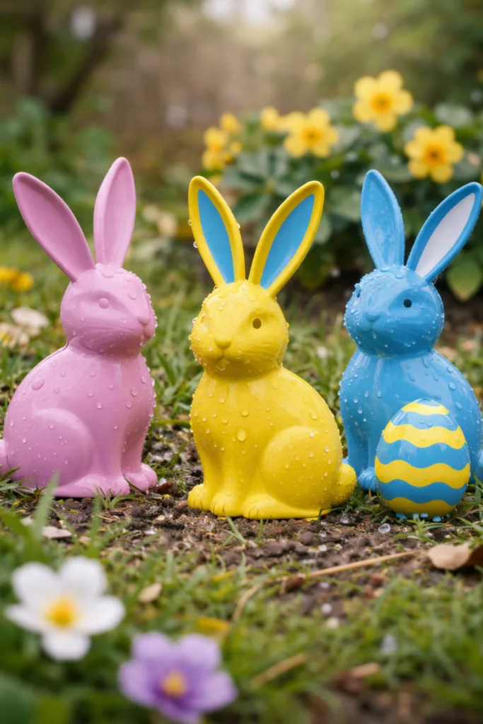 Osterdeko im Garten bei Regen mit bunten Hasenfiguren und Ei auf nassem Boden