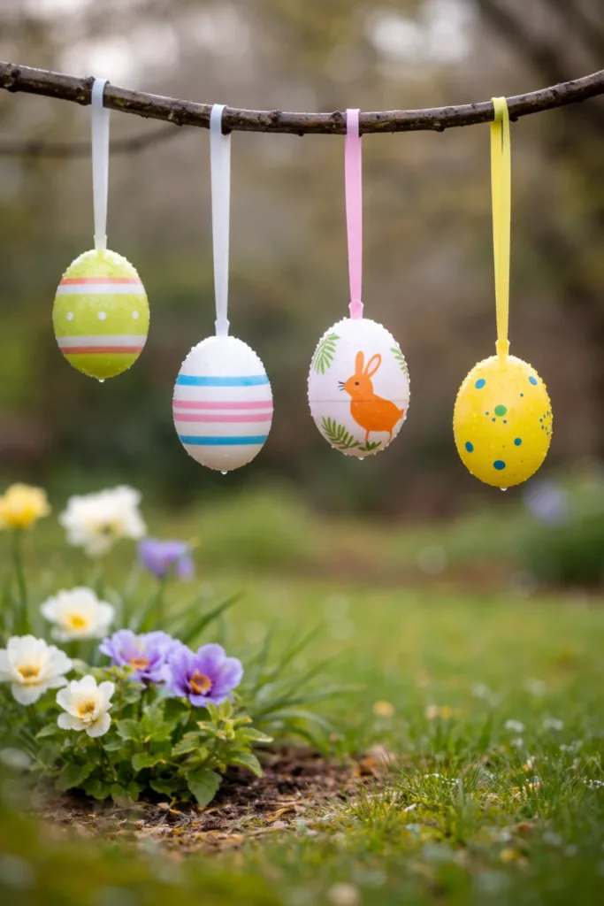 Regenfeste Osterdeko im Garten mit hängenden Ostereiern nach Frühlingsregen im natürlichen Beetumfeld