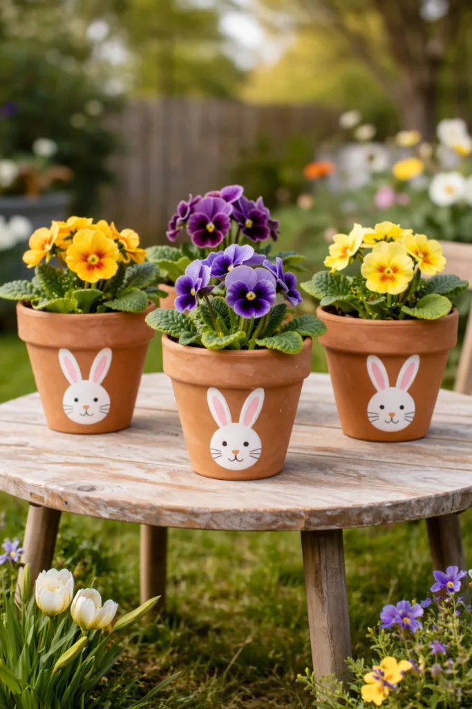 Osterdeko im Garten mit bepflanzten Terrakotta-Töpfen und Frühblühern im Frühling