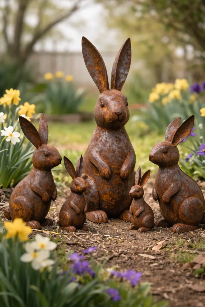 Osterdeko im Garten mit rostigen Hasenfiguren zwischen Narzissen im Frühlingsbeet