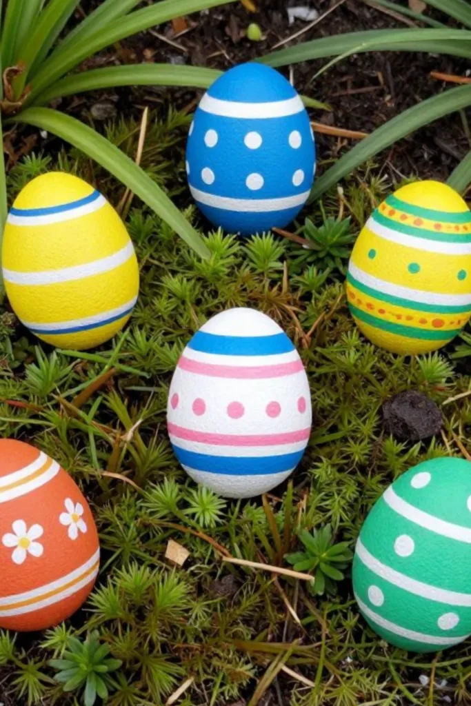 Osterdeko im Garten mit bunten Ostereiern zwischen Frühlingspflanzen im Beet