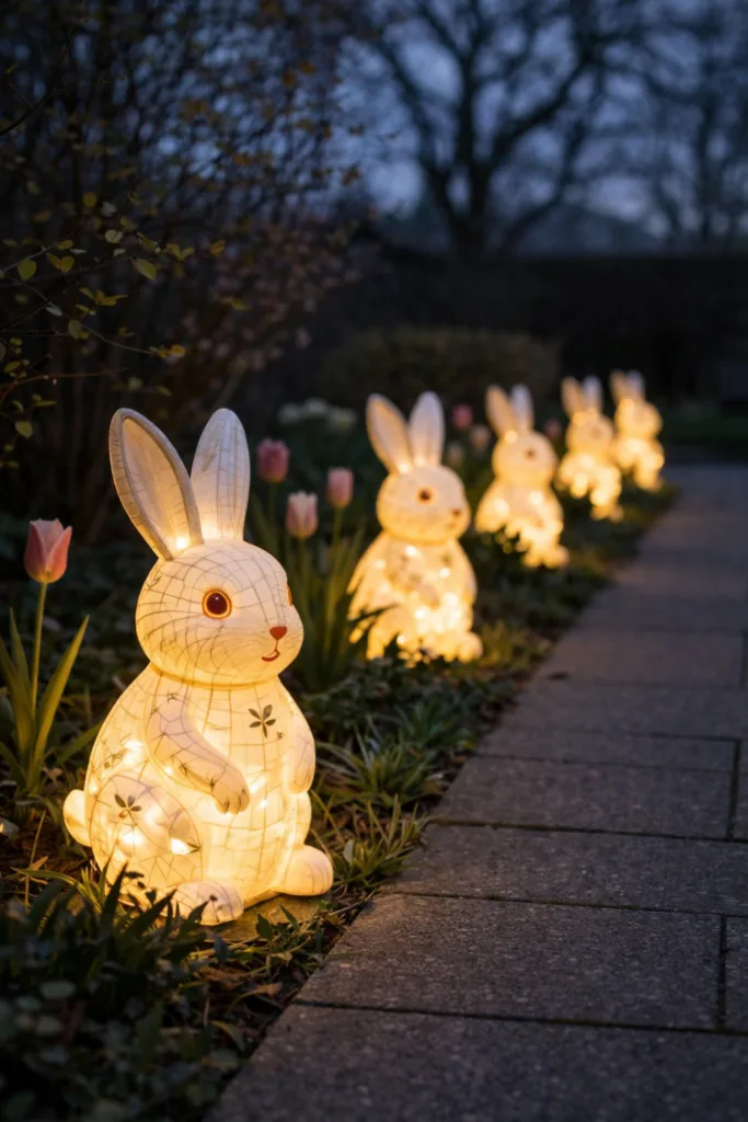 Osterdeko im Garten mit leuchtenden Hasen entlang eines Gartenwegs bei Abenddämmerung