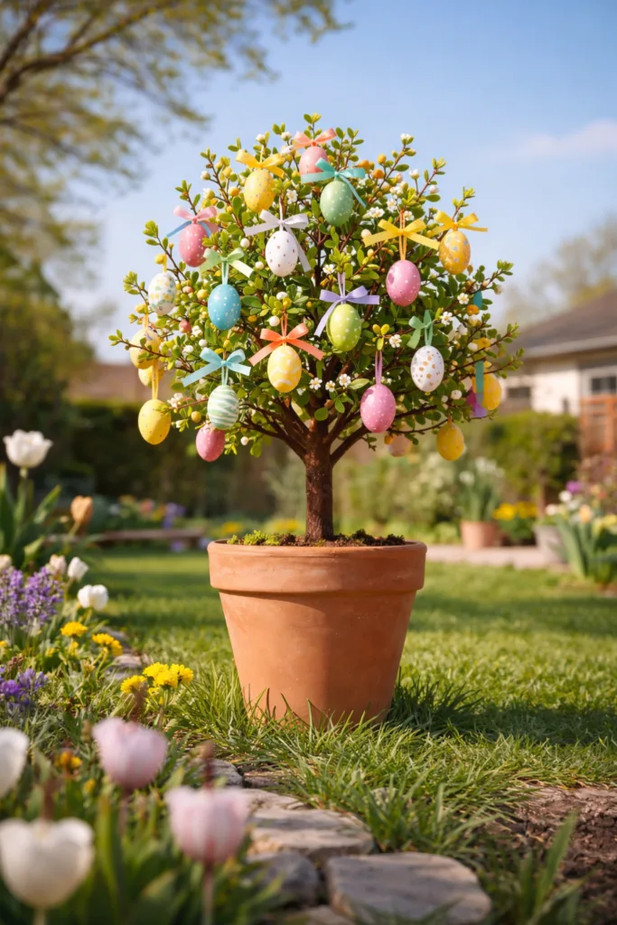 Osterdeko im Garten mit Osterbaum im Topf und bunten Eiern im Frühling