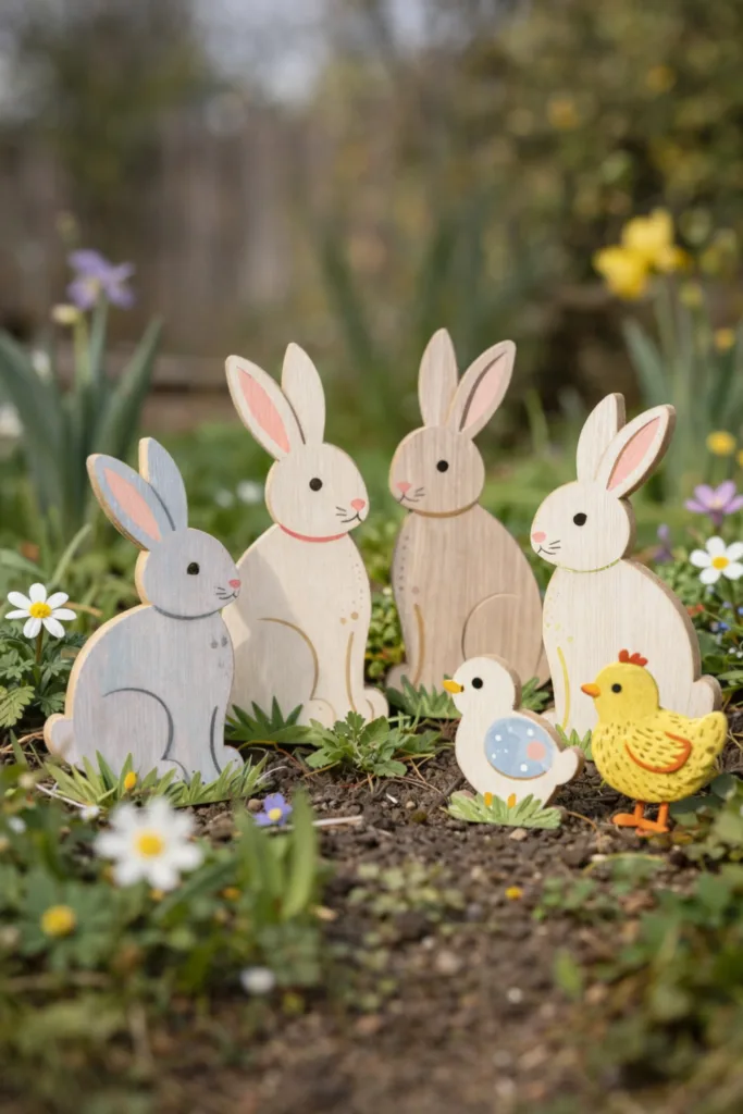 Osterdeko im Garten mit Holzhasen und Küken zwischen Frühlingsblumen im Beet